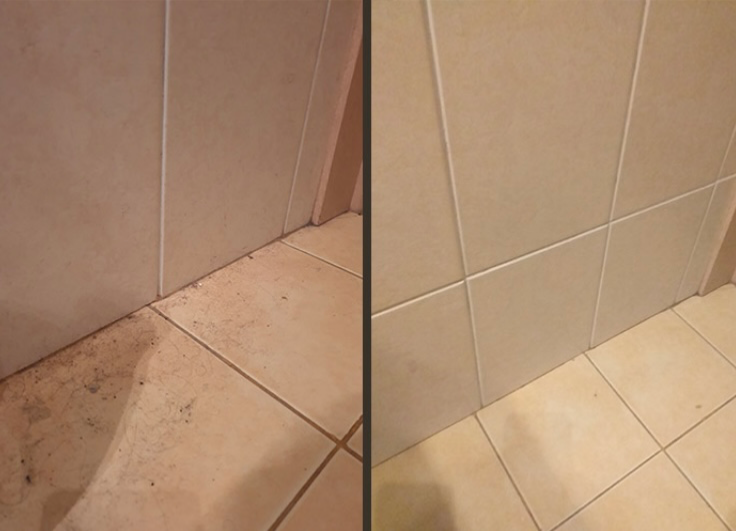 Сравнение грязной и чистой плитки в ванной