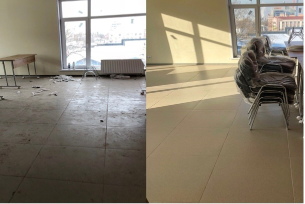 Рабочий процесс уборки помещения, до и после