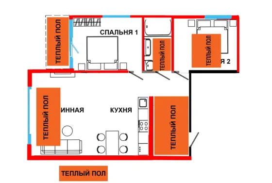 Планировка квартиры с двумя спальнями, теплым полом в каждой комнате