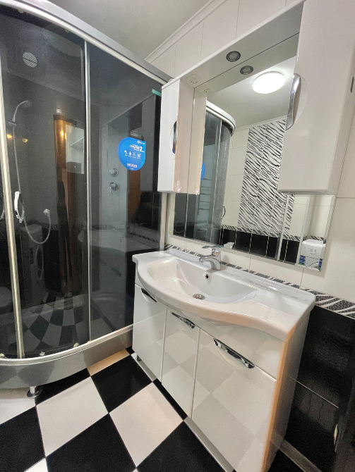 Қара-ақ плиткада душ кабинеті мен жуу құралы орналасқан жуынатын бөлме