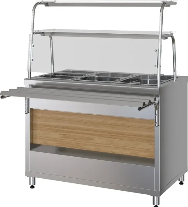 Стойка для самообслуживания с тёплыми блюдами и стеклянной защитой. Стальная основа с деревянными элементами. Три контейнера для пищи