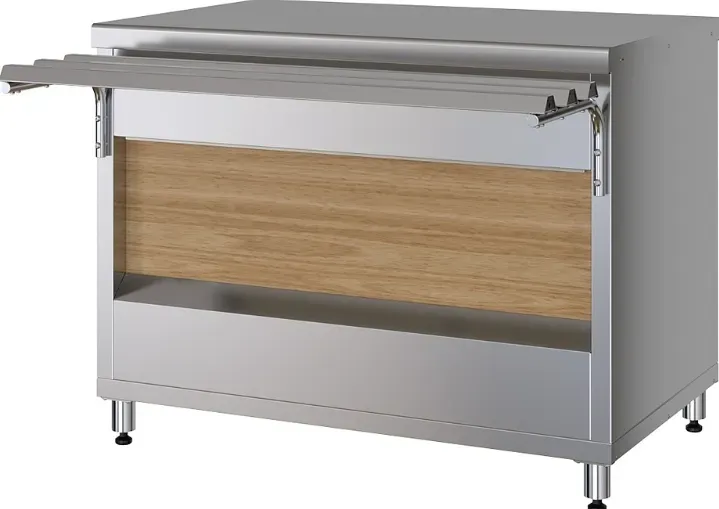 Современный кухонный стол с металлической отделкой и деревянной вставкой, предназначенный для профессиональной кухни