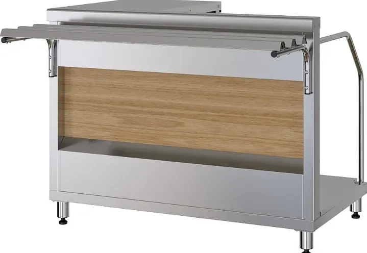 Модернная стойка для обслуживания, выполненная из нержавеющей стали с деревянной вставкой. Подходит для использования в кафе и ресторанах