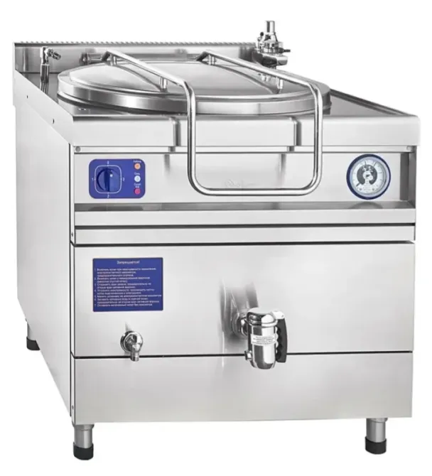 Профессиональная варочная машина из нержавеющей стали с двумя чашами, оборудованная краном для слива и термометром для контроля температуры