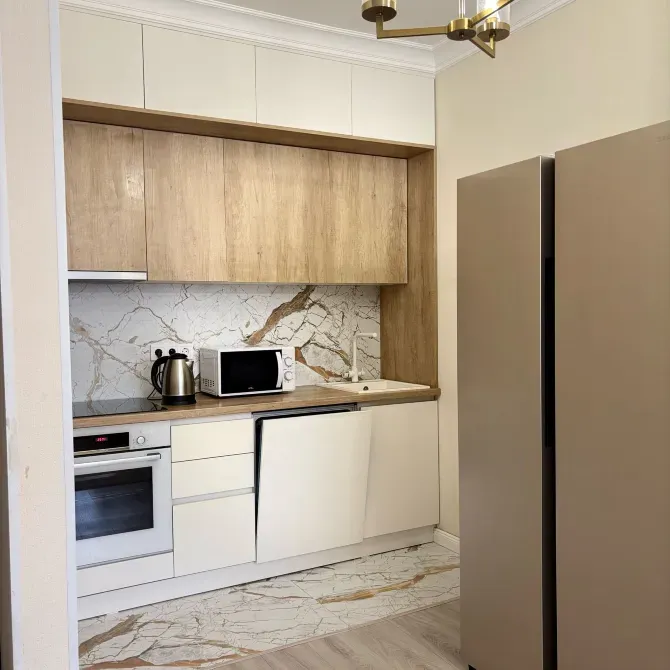 Современная кухня с шкафами из древесины и техникой