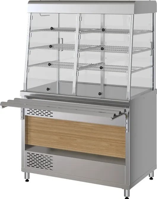 Витрина для продажи продуктов из нержавеющей стали с прозрачными стеклянными полками и деревянной отделкой, предназначенная для демонстрации и хранения товаров