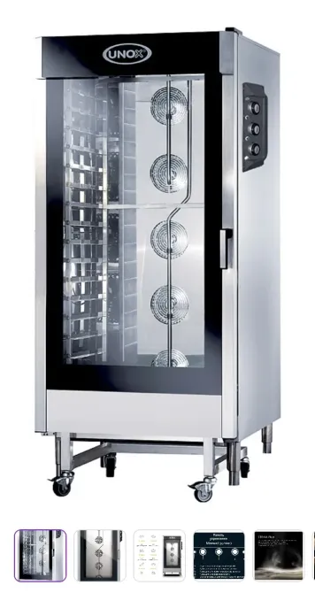 Пароконвектомат UNOX с прозрачной дверцей и несколькими вентиляторами, предназначенный для профессионального использования в кухнях и ресторанах