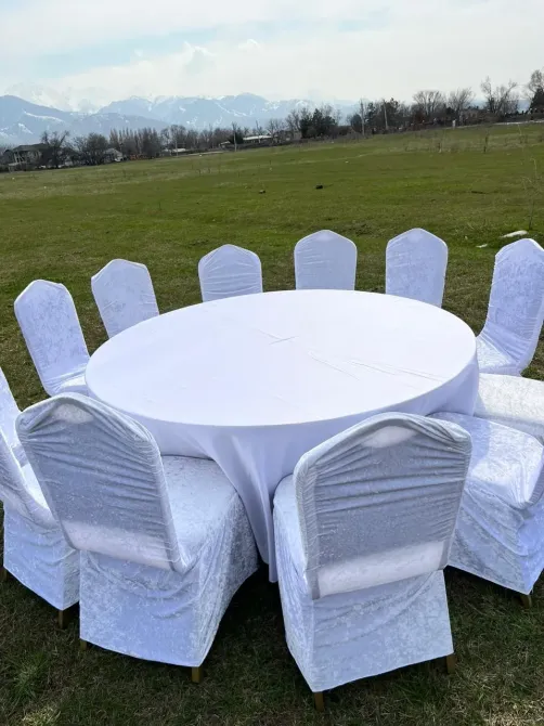 круглый стол с двенадцатью белыми стульями