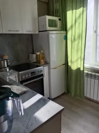 Кухня с холодильником, микроволновкой и солнечными лучами