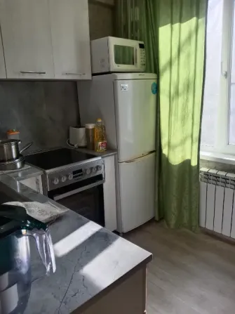 Кухня с холодильником, микроволновкой и солнечными лучами