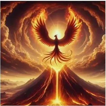 Фэнтези жанрындағы Феникс бейнесі, вулкан үстінен көтеріліп, жарқын отты жарық және фонда бұлттармен.