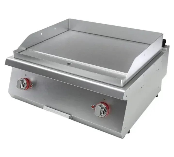 Электрическая плита с гладкой поверхностью и двумя ручками регулировки температуры. Материал - нержавеющая сталь