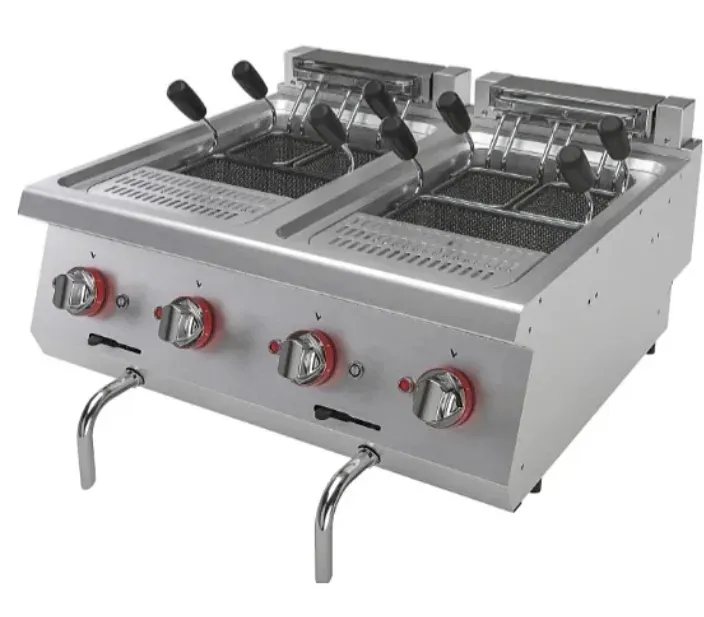 Фритюрница с двумя корзинами и четырьмя ручками, металлический корпус, управление температурой и двумя кранами