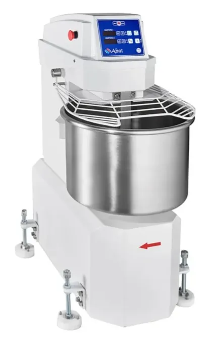 Промышленные хлебопекарные машины с электрическим приводом и цифровым управлением. Изображение включает в себя большой металлический чаша для замешивания и защитную решетку