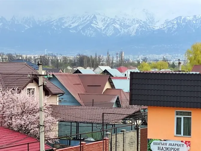 Артқы жоспарында таулар мен үйлердің шатырлары бар қаланың көрінісі