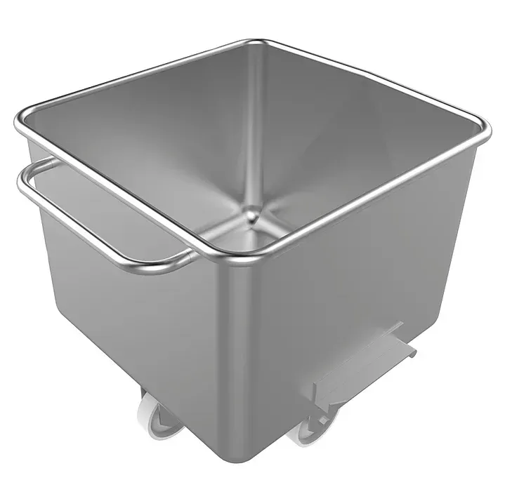 Металлический контейнер с колесами, квадратной формы, без крышки, используется для хранения или транспортировки