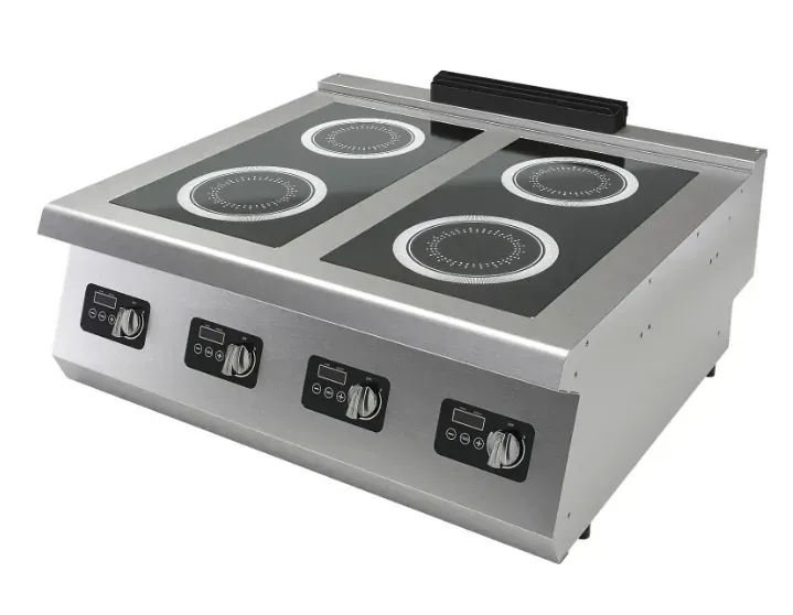 Индукционная плита с четырьмя конфорками и цифровыми регулировками температуры и времени приготовления