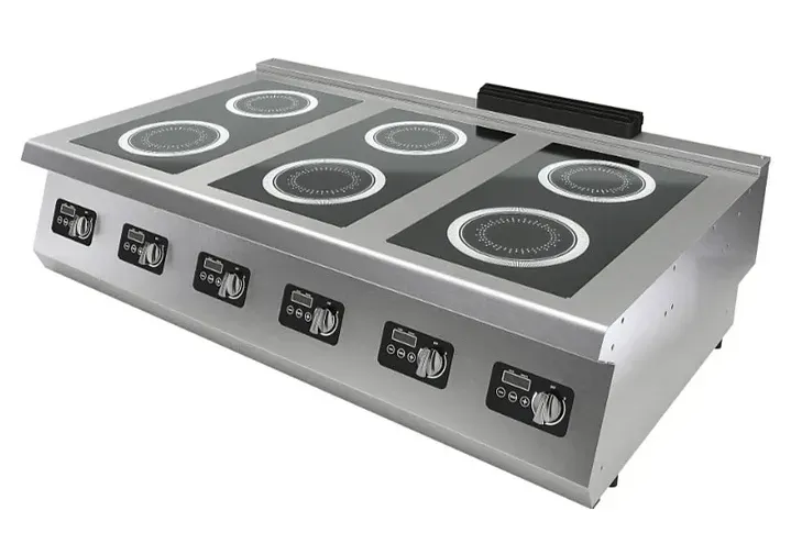 Профессиональная электрическая плита с 5 конфорками и управлением температуры. Металлический корпус с современным дизайном для кухни