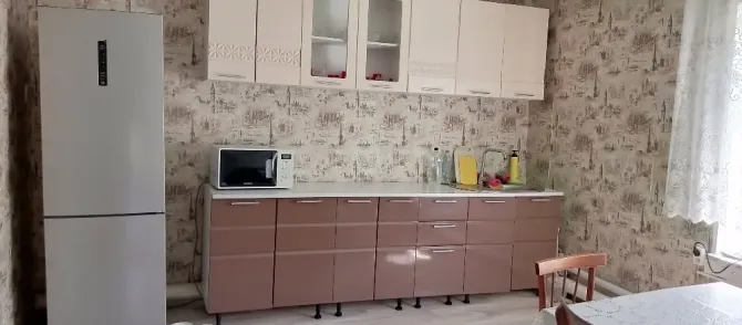 Современная кухня с холодильником и микроволновой печью