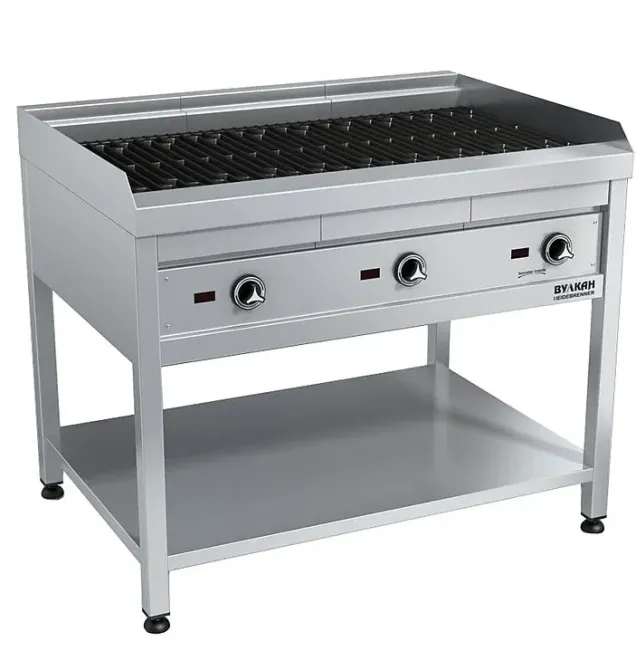 Гриль с газовыми горелками на металлическом каркасе с полкой внизу для кухни или ресторана