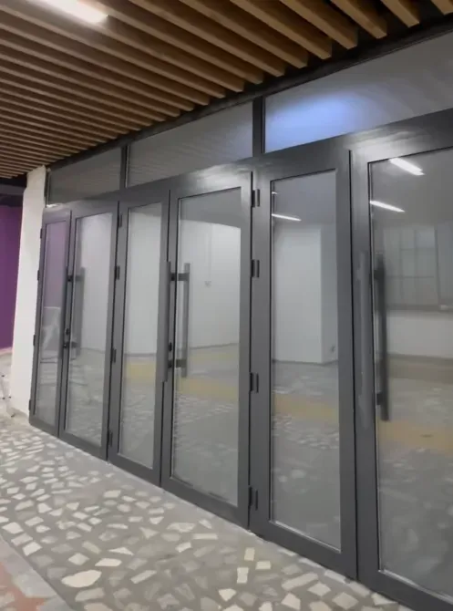 Бір қатардағы бірнеше әйнек есіктермен интерьер