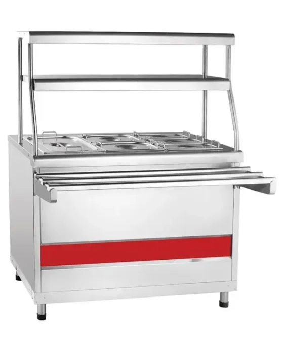 Стальная кухонная установка с пятью емкостями для еды и двумя верхними полками