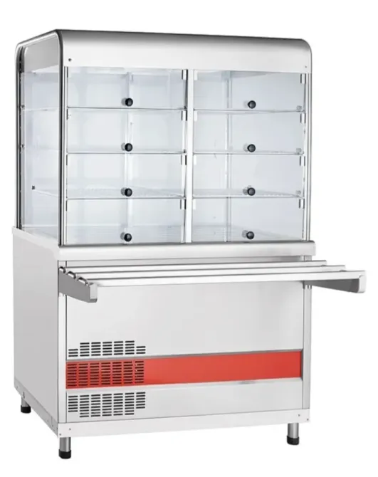 Витрина для продуктов с прозрачными полками и металлическим корпусом