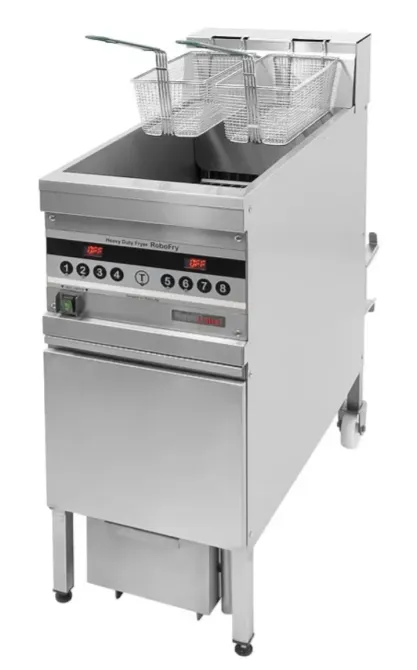 Көп корзиналы фритюрница, нержавеющі болаттан жасалған, сандық дисплей және басқару элементтерімен жабдықталған.