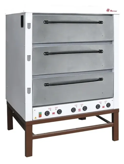 Үш деңгейлі пісіру пеші, металл есіктері мен басқару панелі төменгі жағында.