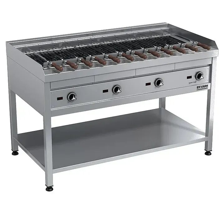 Гриль с 12 шампурами и металлическим корпусом, оборудованный регулировкой температуры и нижней полкой