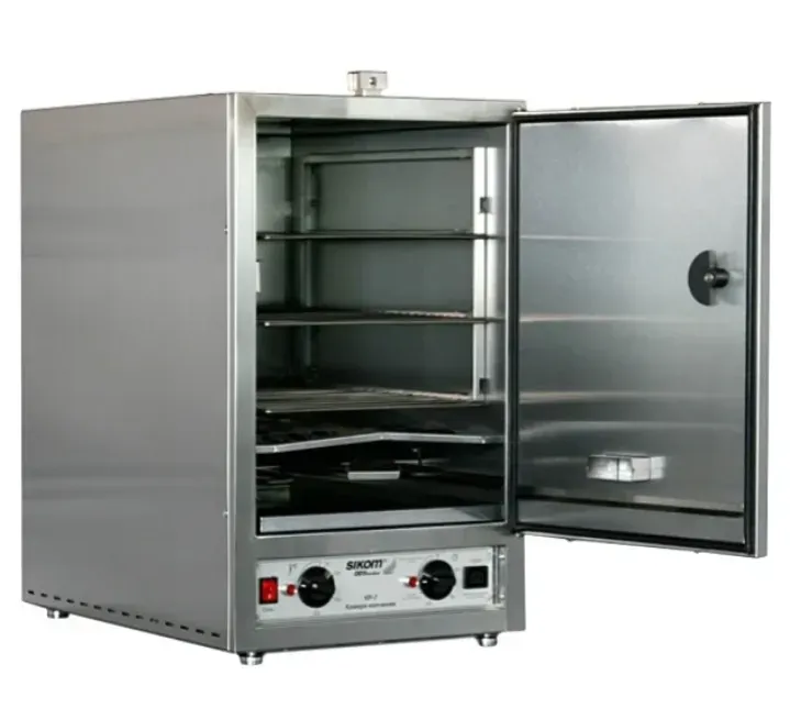 Профессиональный электрический шкаф для обогрева с открытой дверцей, выполненный из нержавеющей стали, с регулируемыми полками и контроллерами температуры