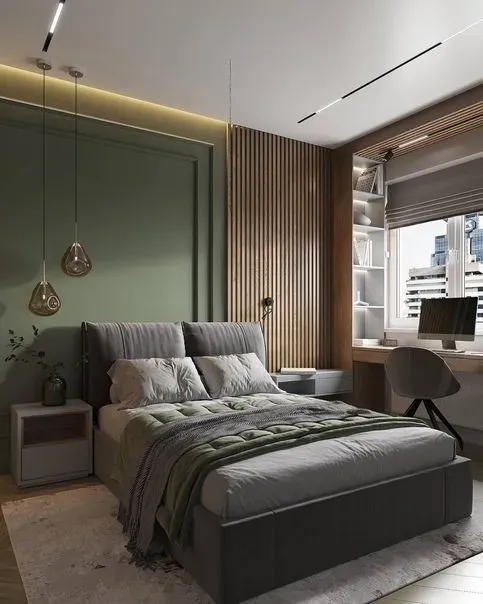 Стильная спальня с деревянными элементами и рабочей зоной