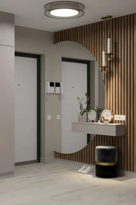 Современный прихожая с зеркалом и деревянными акцентами