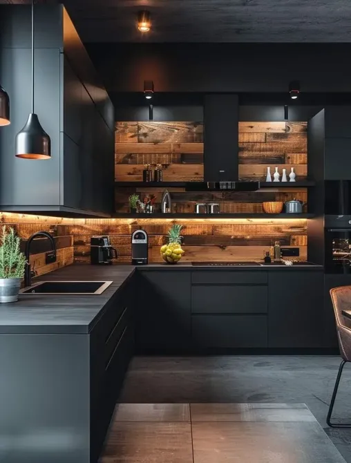 Современная кухня в темных тонах с деревянными акцентами