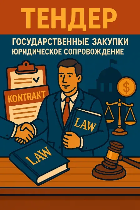 Тендер, государственные закупки, юридическое сопровождение, изображение юриста с книгой законов и партнёрством