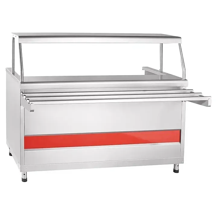 Стол для обслуживания с закаленным стеклом и полкой для раздачи еды. Изготовлен из нержавеющей стали