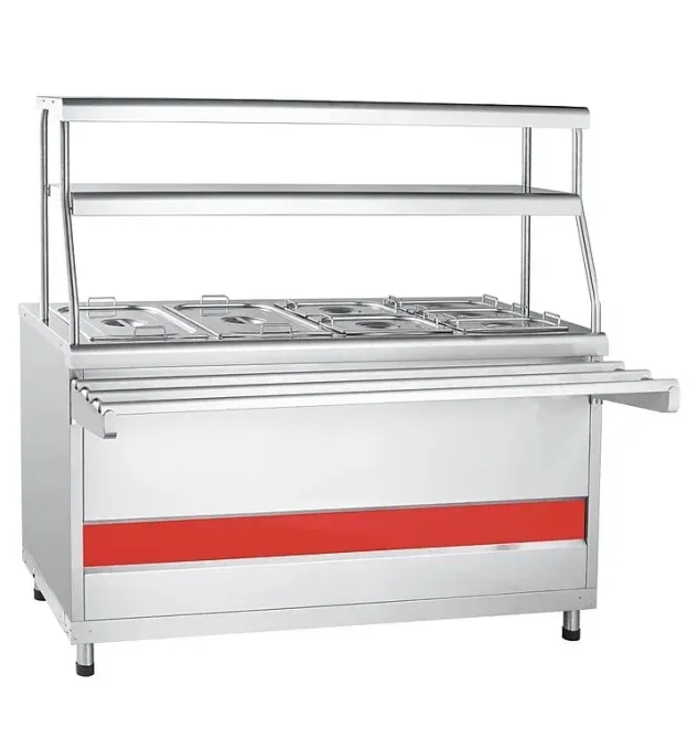 Мобильный раздаточный стол с подогревом и стальными контейнерами для еды