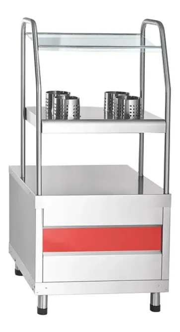 Стойка для кухни с двумя полками, выполненная из нержавеющей стали, с прозрачной верхней полкой и красной вставкой на ящике