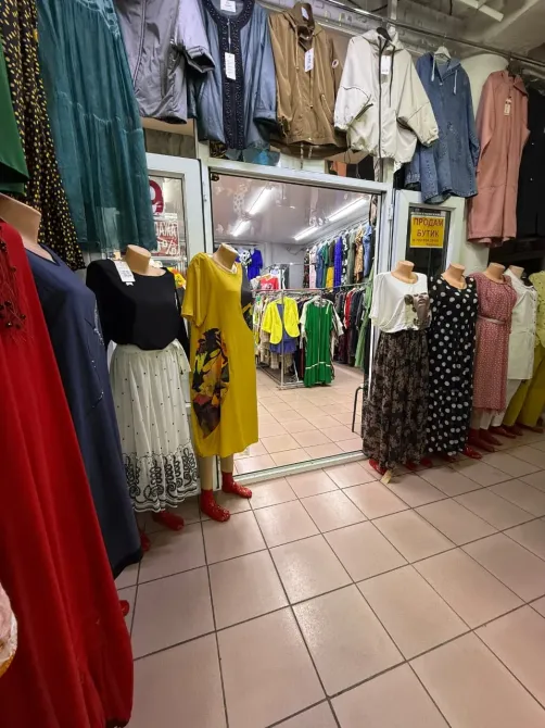 Манекены с одеждой и вход в магазин с ассортиментом нарядов