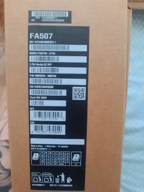 Этикетка с характеристиками FA507 ноутбука ASUS TUF