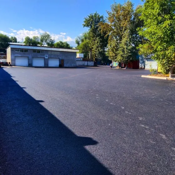 Новое асфальтное покрытие во дворе частного дома с цветами и забором