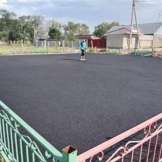 Новое асфальтное покрытие во дворе частного дома с цветами и забором