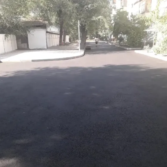 Новое асфальтное покрытие во дворе частного дома с цветами и забором