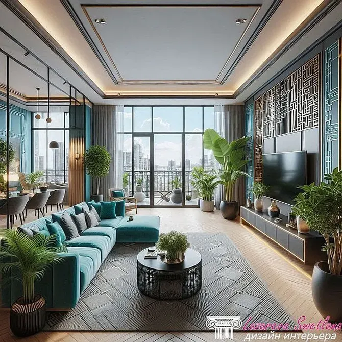 Роскошьты қонақ бөлмесі жасыл өсімдіктермен және заманалық дизайнымен