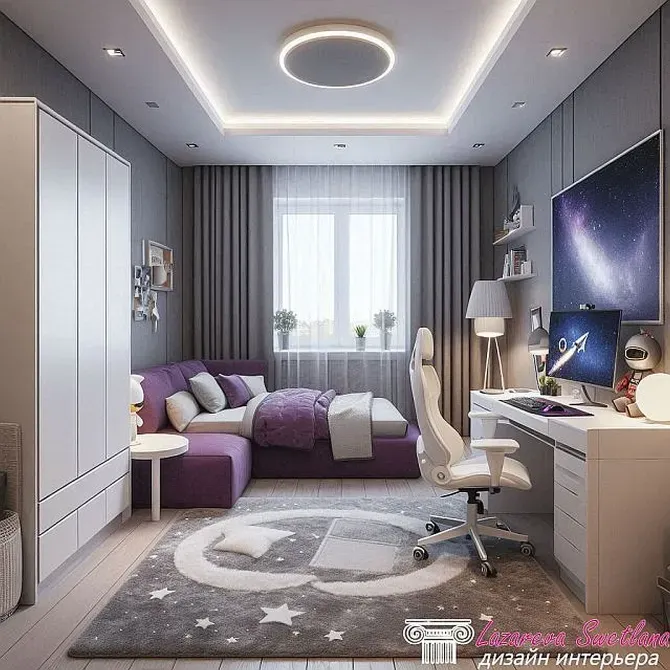 Ғарыштық тақырыптағы бөлме, жұмыс орны мен жарық интерьермен