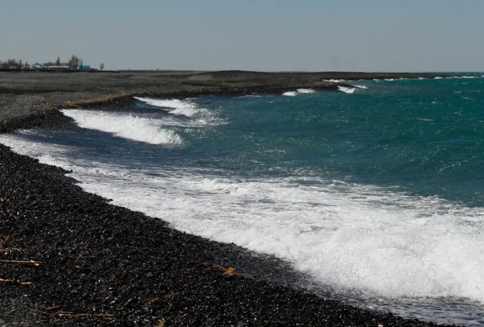 Побережье с черным песком и волнами, накатывающими на берег, под ясным небом