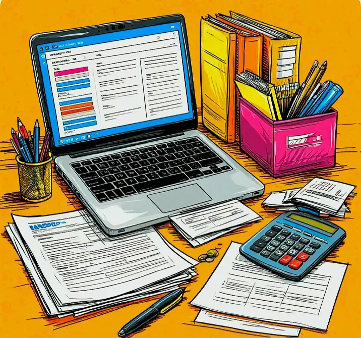 Ноутбук, құжаттар, калькулятор және офис қажеттіліктері бар жұмыс үстелі қызғылт сары фонмен.