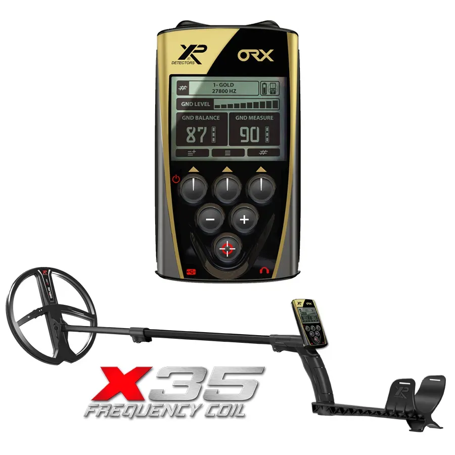 Металлоискатель XP ORX X35 катушкасымен, цифрлық дисплеймен, басқару элементтерімен және жиілік параметрлерімен жабдықталған.