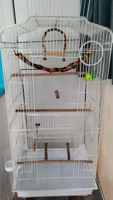 Ақ түсті құс клеткасы бірнеше деңгеймен және ағаш перилами