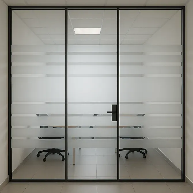 Офистегі мөлдір бөлмелер, бұлыңғыр жолақтармен